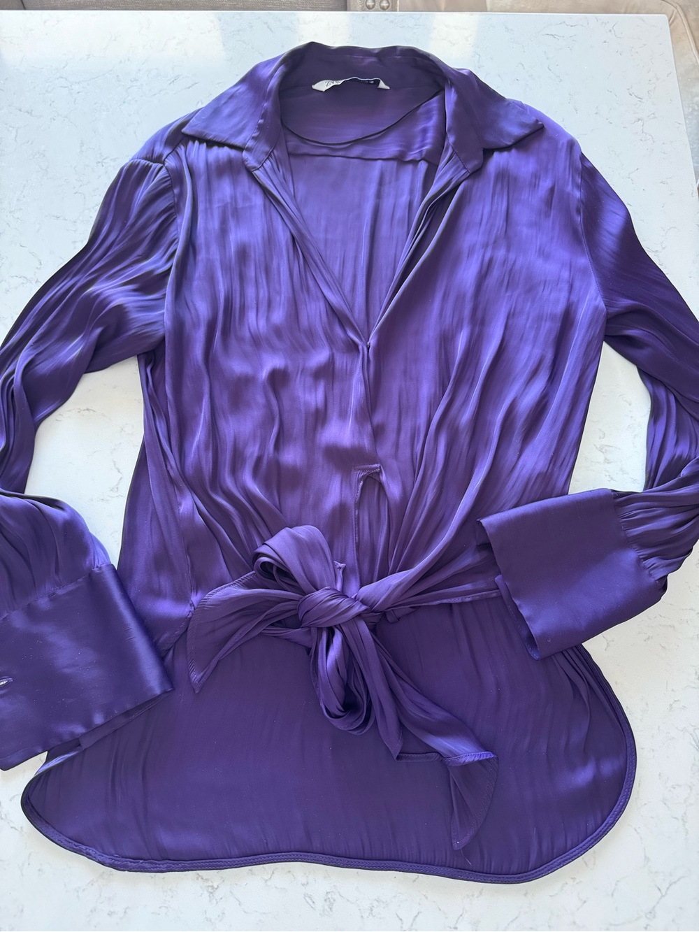 Zara Purple Satin Tie-Waist Blouse xs